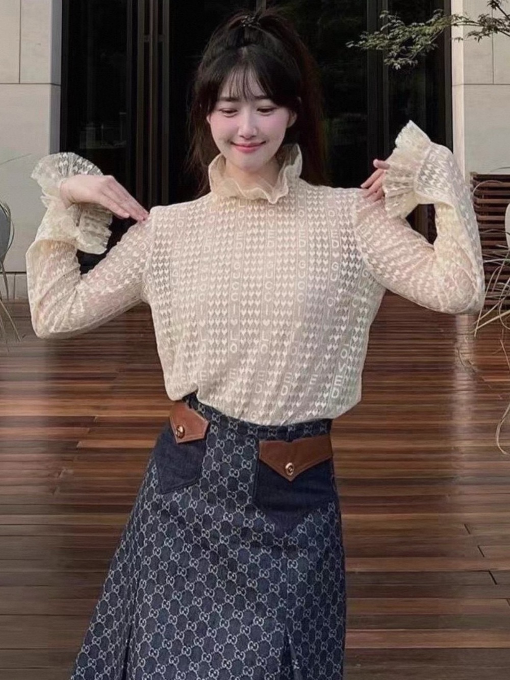 🚩steal Gucci Blush Beige Satin-Trim Lace Top - Picture 5 of 5